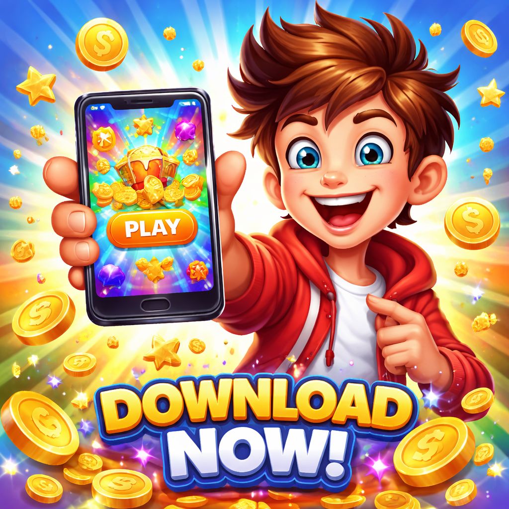 EG9999 themed cartoon character using a mobile app with coins and bright interface
