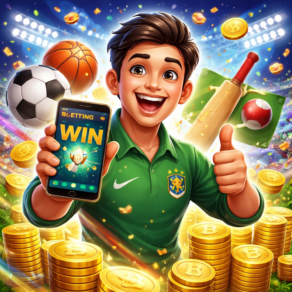 EG9999 themed cartoon betting character with coins and sports elements