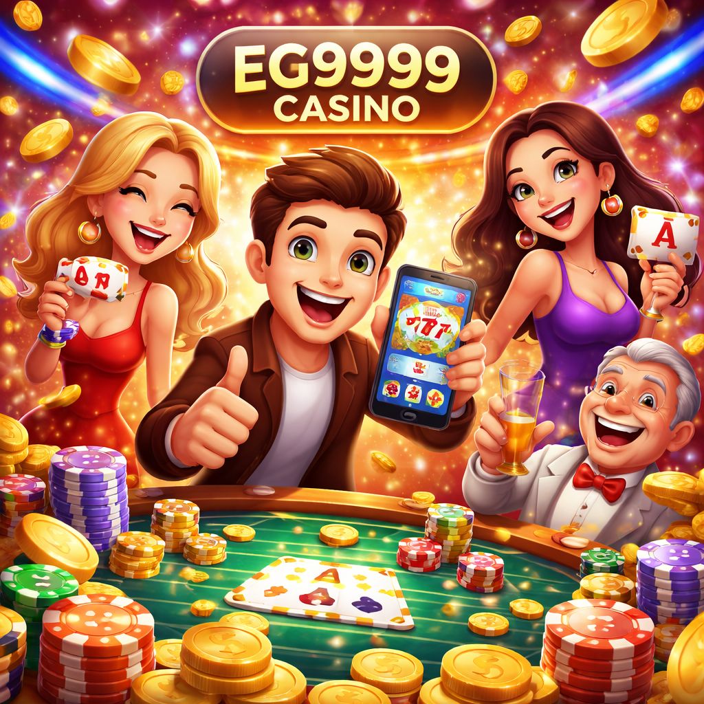 EG9999 Casino cartoon characters with chips, coins, and a bright casino backdrop