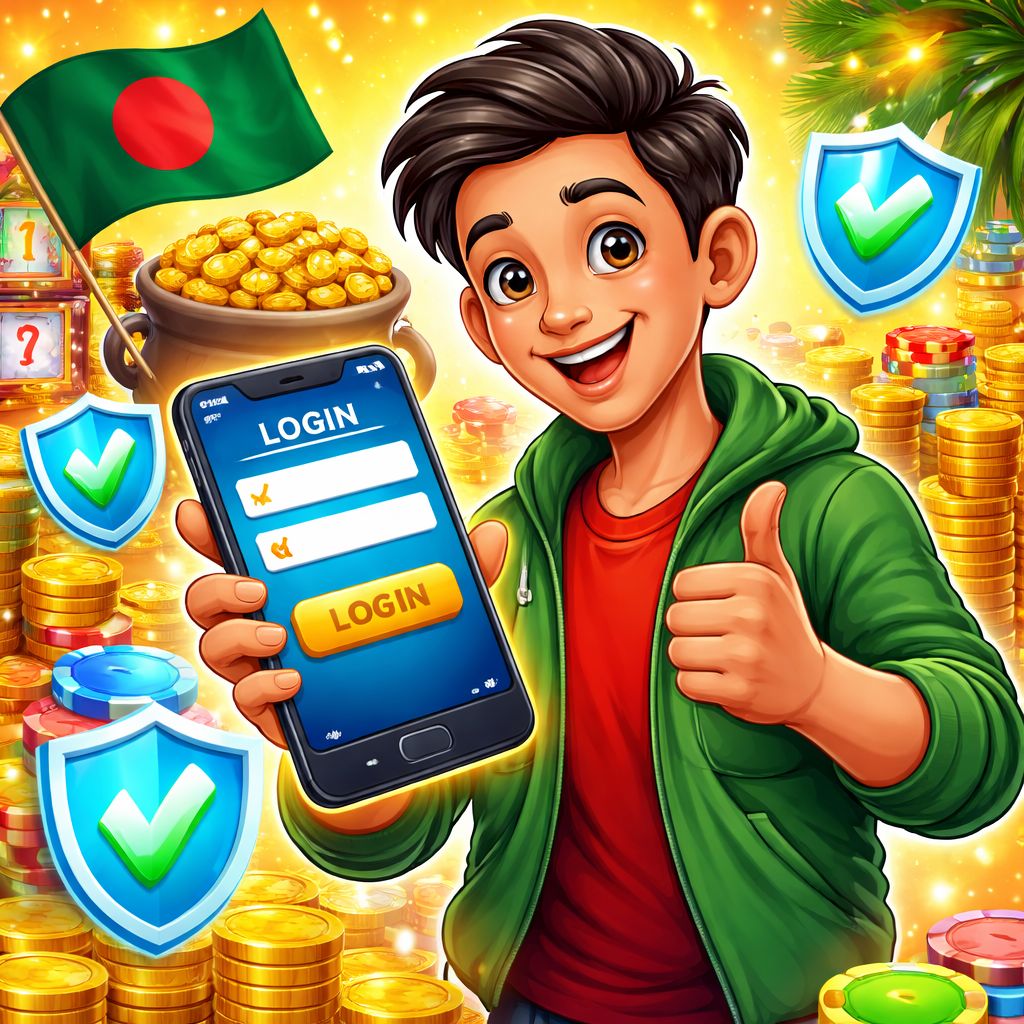 EG9999 themed cartoon character using a mobile phone to log in with coins and gaming elements